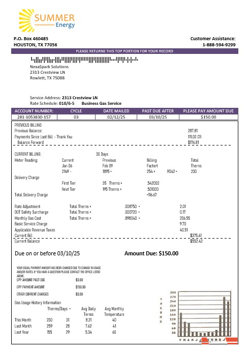 USA Texas Summer Energy easy fillable business utility bill template in Word and PDF formats